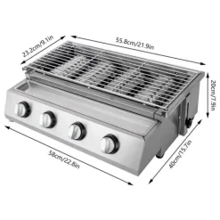Gasdrivna Bordsgrillar-Rökfri gasolgrill, bordsmodell med 4 brännare i rostfritt stål, LPG/propangas, portabel för utomhus/camping, ljussilver