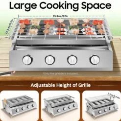 Gasdrivna Bordsgrillar-Rökfri gasolgrill, bordsmodell med 4 brännare i rostfritt stål, LPG/propangas, portabel för utomhus/camping, ljussilver