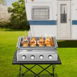 Gasdrivna Bordsgrillar-Rökfri gasolgrill, bordsmodell med 4 brännare i rostfritt stål, LPG/propangas, portabel för utomhus/camping, ljussilver