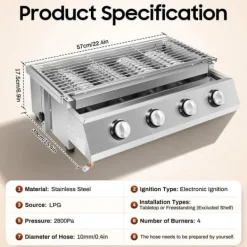 Gasdrivna Bordsgrillar-Rökfri gasolgrill, bordsmodell med 4 brännare i rostfritt stål, LPG/propangas, portabel för utomhus/camping, ljussilver