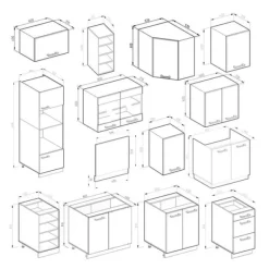 R-Line hörnkök, 237 x 247 cm, PT Marmor, Blank vit/Gyllene ek, Vicco