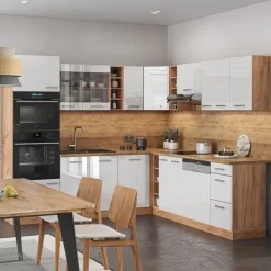 R-Line hörnkök, 237 x 247 cm, PT Marmor, Blank vit/Gyllene ek, Vicco