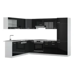 R-Line hörnkök, 227 x 287 cm utan bänkskiva, Blank svart/Vit, Vicco