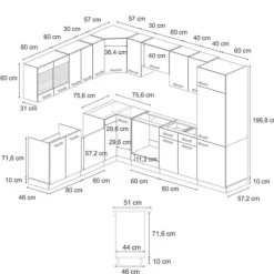 R-Line hörnkök, 227 x 287 cm utan bänkskiva, Blank svart/Vit, Vicco