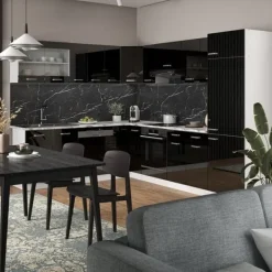 R-Line hörnkök, 227 x 287 cm utan bänkskiva, Blank svart/Vit, Vicco