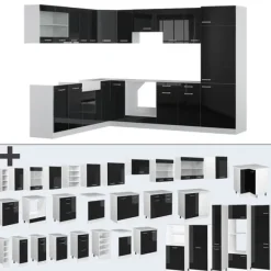 R-Line hörnkök, 227 x 287 cm utan bänkskiva, Blank svart/Vit, Vicco