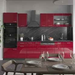 Monteringsfärdiga Kök & Pentryn-R-Line kök, 300 cm med högskåp, PT Antracit, Bordeaux högglans/antracit, Vicco