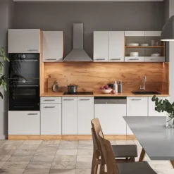 Monteringsfärdiga Kök & Pentryn-R-Line kök, 300 cm med högskåp, PT Ek, Blank vit/Gyllene ek, Vicco