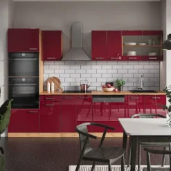 Monteringsfärdiga Kök & Pentryn-R-Line kök, 300 cm med högskåp, PT Ek, Bordeaux blank/Gyllene ek, Vicco