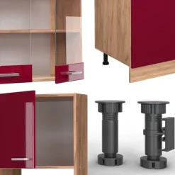 Monteringsfärdiga Kök & Pentryn-R-Line kök, 300 cm med högskåp, PT Ek, Bordeaux blank/Gyllene ek, Vicco