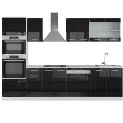 Monteringsfärdiga Kök & Pentryn-R-Line kök, 300 cm med högskåp, utan bänkskiva, Blank svart/Vit, Vicco