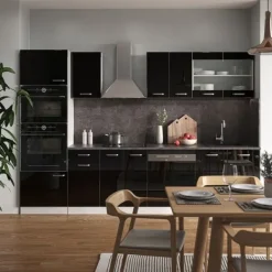 Monteringsfärdiga Kök & Pentryn-R-Line kök, 300 cm med högskåp, utan bänkskiva, Blank svart/Vit, Vicco