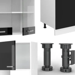 Monteringsfärdiga Kök & Pentryn-R-Line kök, 300 cm med högskåp, utan bänkskiva, Blank svart/Vit, Vicco