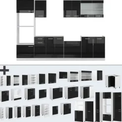 Monteringsfärdiga Kök & Pentryn-R-Line kök, 300 cm med högskåp, utan bänkskiva, Blank svart/Vit, Vicco