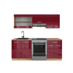 Monteringsfärdiga Kök & Pentryn-R-Line kök, 200 cm, PT Ek, Bordeaux blank/Gyllene ek, Vicco