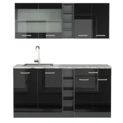 Monteringsfärdiga Kök & Pentryn-R-Line kök, 160 cm, PT Marble, Blank svart/Antracit, Vicco