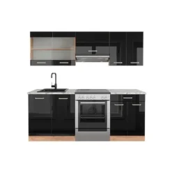 Monteringsfärdiga Kök & Pentryn-R-Line kök, 200 cm, PT Marble, Blank svart/Gyllene ek, Vicco