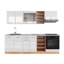 Monteringsfärdiga Kök & Pentryn-R-Line kök, 240 cm, PT Marmor, Blank vit/Gyllene ek, Vicco