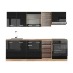 Monteringsfärdiga Kök & Pentryn-R-Line kök, 240 cm utan bänkskiva, Blank svart/Gyllene ek, Vicco