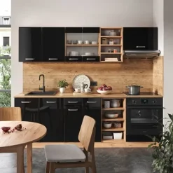 Monteringsfärdiga Kök & Pentryn-R-Line kök, 240 cm utan bänkskiva, Blank svart/Gyllene ek, Vicco