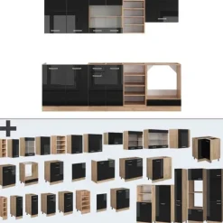 Monteringsfärdiga Kök & Pentryn-R-Line kök, 240 cm utan bänkskiva, Blank svart/Gyllene ek, Vicco