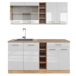 Monteringsfärdiga Kök & Pentryn-R-Line kök, 160 cm utan bänkskiva, blank vit/Gyllene ek, Vicco