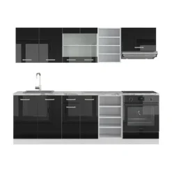 Monteringsfärdiga Kök & Pentryn-R-Line kök, 240 cm utan bänkskiva, Blank svart/Vit, Vicco