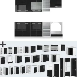 Monteringsfärdiga Kök & Pentryn-R-Line kök, 240 cm utan bänkskiva, Blank svart/Vit, Vicco