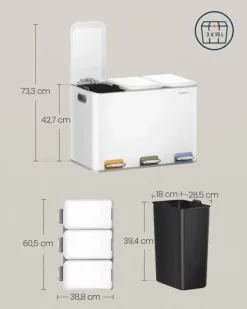 Soptunnor & Papperskorgar-Rootz Colorful Steel 3-fack papperskorg - Avfallsbehållare - Återvinningsbehållare - Innerhink av PP-plast - 60,5 cm x 38,8 cm x 42,7 cm