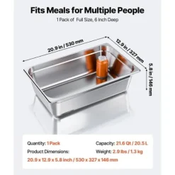 Rostfri ångpanna, Fullstorlek 145mm djup, 20,5L, Anti-Jam, återanvändbar för restaurang, hotell, hem, fest, 1-pack