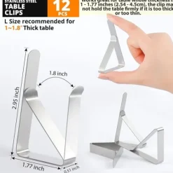 Rostfria bordsduksklämmor i rostfritt stål, 12-pack, lämpliga för hem, restaurang, picknick, fest, matbord, rymmer bord upp till 4,8 cm tjocka