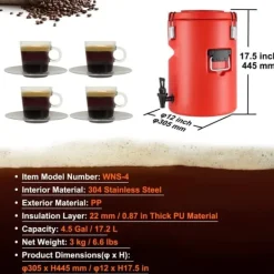 Rostfritt stål isolerad dryckesautomat, 4,5 gallon (17,2 liter) för varm/kall dryck, livsmedelsklassad.