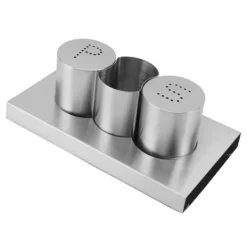 Salt- & Pepparströare-Rostfritt stål Salt Peppar Shakers Set Tandpetare Hållare med bricka Kryddor Shakers Krydddispenser Kökstillbehör