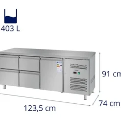 Royal Catering - Kylbänk - 403 l - 1 fack - 4 lådor - 179,5 x 71 cm - Klass B - Rostfritt Stål
