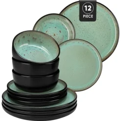 Tallrikar & Bordsserviser-Servis, Handgjord Keramik, Hållbar och Säker,2 set av 12Pcs, Grön