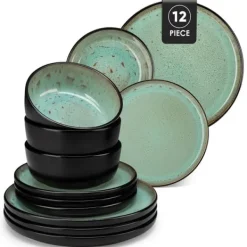 Tallrikar & Bordsserviser-Servis, Handgjord Keramik, Hållbar och Säker,2 set av 12Pcs, Grön
