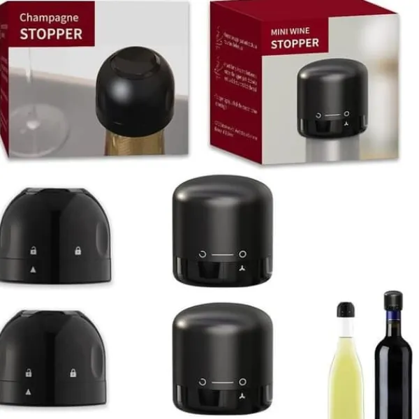 Flaskstopp & Flaskförslutare-Set om 4 vinflaskpropp, champagnepropp, vinflaskpropp med lås- och upplåsningsfunktion A161