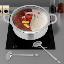 Fondueset-Shabu Shabu Hotpot - Gryta 28 cm - 304 Rostfritt Stål - Dubbelsidig Avdelare - Glaslock - Induktion & Gas - Vit - Med 2 Slevar
