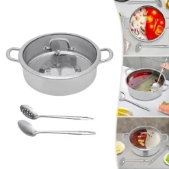 Fondueset-Shabu Shabu Hotpot - Gryta 28 cm - 304 Rostfritt Stål - Dubbelsidig Avdelare - Glaslock - Induktion & Gas - Vit - Med 2 Slevar