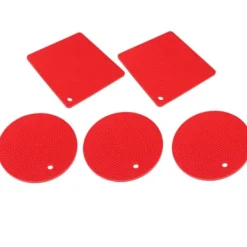 Karottunderlägg-Silikonunderläggsmattor - halkfria värmebeständiga varma kuddar för kök - 5 st röd fyrkantig & rund honeycomb