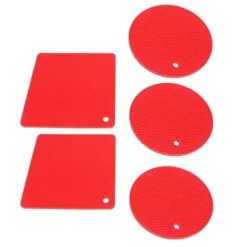 Karottunderlägg-Silikonunderläggsmattor - halkfria värmebeständiga varma kuddar för kök - 5 st röd fyrkantig & rund honeycomb