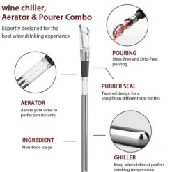 Silvervinkylare, 3 i 1 vinflaska i rostfritt stål med kylsticka med luftad