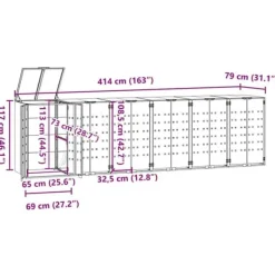Skjul för sopkärl med lock - Förvaring för 6 platser | Färg: Grå | Storlek: 414x79x117 cm