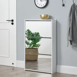 [en.casa] Kläd- & Garderobsförvaring-Skoskåp med 3 lådor och spegel plats för 9 par skor vit