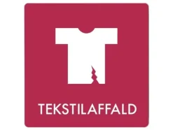 Skylt avfallspiktogram TEKSTILAFFALD 12x12 cm, aluminium, vinröd/vit