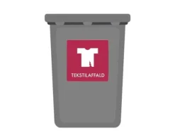 Skylt avfallspiktogram TEKSTILAFFALD 12x12 cm, aluminium, vinröd/vit