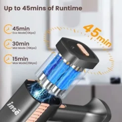 Sladdlös kvastdammsugare, INSE, S7P, svart, 6 i 1 lättviktsdammsugare, 26kpa, 45 min batteritid, 65db, 265W, 1L tank