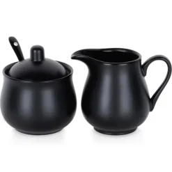 Serveringsfat & Skålar-Sockerskål och gräddkanna, svart porslin, 3 delar.