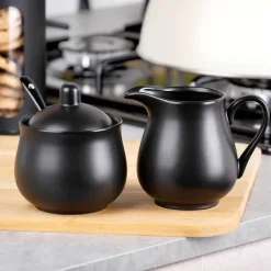 Serveringsfat & Skålar-Sockerskål och gräddkanna, svart porslin, 3 delar.