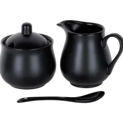 Serveringsfat & Skålar-Sockerskål och gräddkanna, svart porslin, 3 delar.